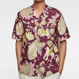 Zara Maroon Floral Print Short Sleeve Button-Down Shirt